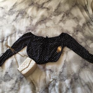 Windsor black long sleeve white polka dot crop top
